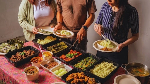 People eating a catered buffet meal